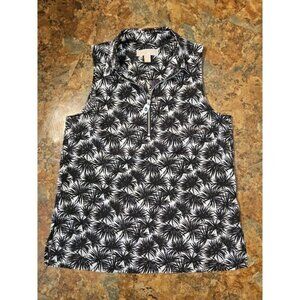 Michael Kors Palm Tropical V-Neck Sleeveless Half Front Zip Blk/white Small (A32